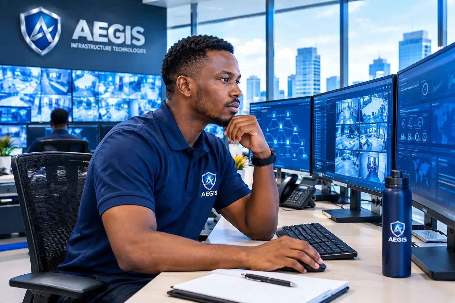 Aegis engineer reviewing systems in a control room