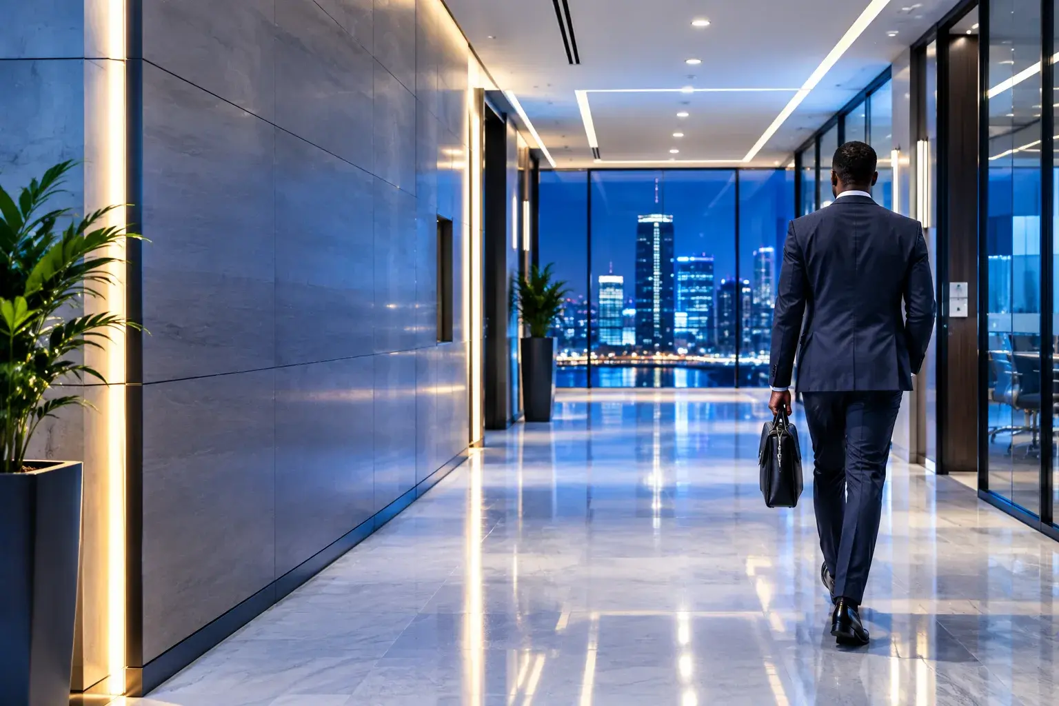 Aegis engineer walking through a corridor of integrated building systems