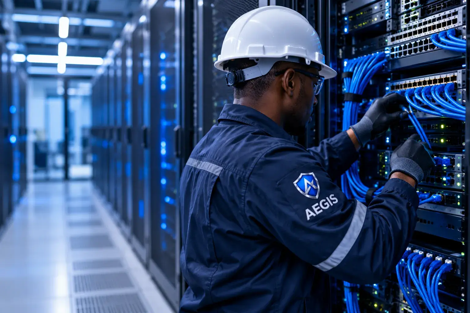 Aegis engineer servicing equipment in a technology rack