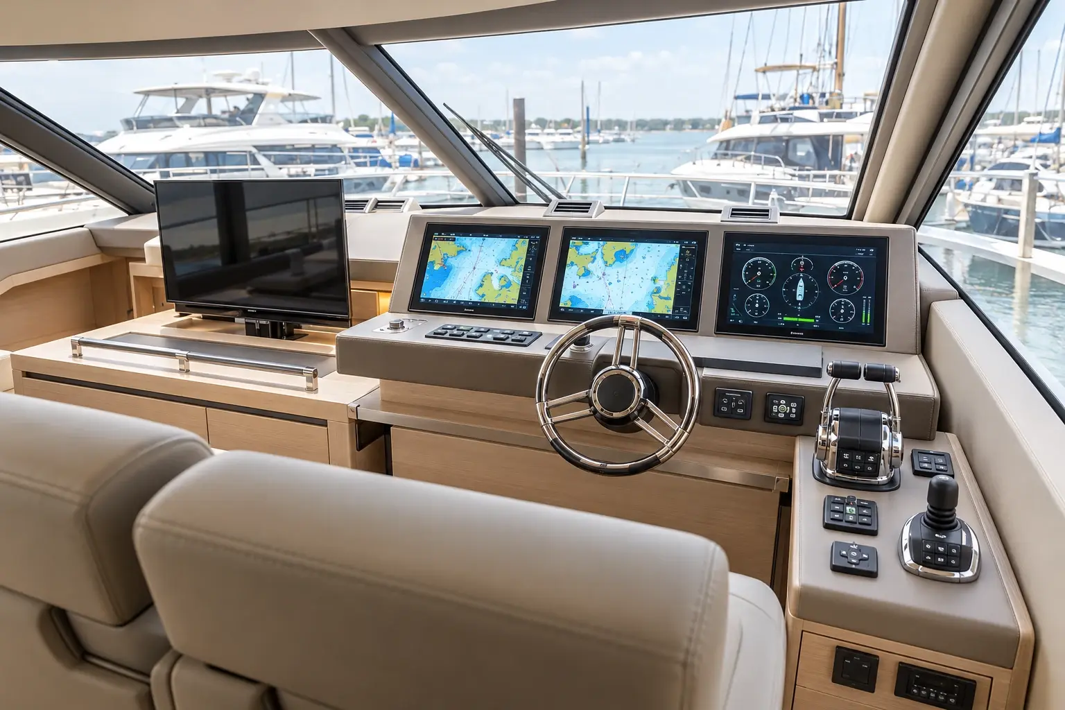 Yacht helm station with multifunction navigation displays and throttle controls